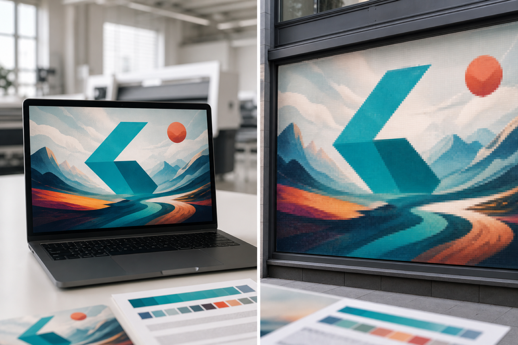 AI-generated artwork looking crisp on a laptop but visibly soft and pixelated when enlarged for a shopfront display
