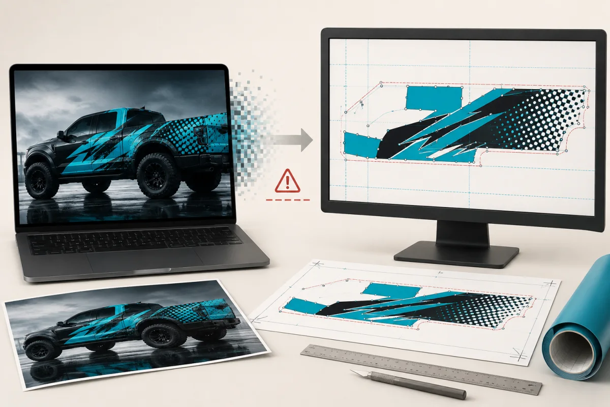 An AI vehicle graphic beside measured, editable production artwork