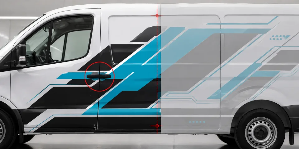 Vehicle graphics running through a door handle and panel seam