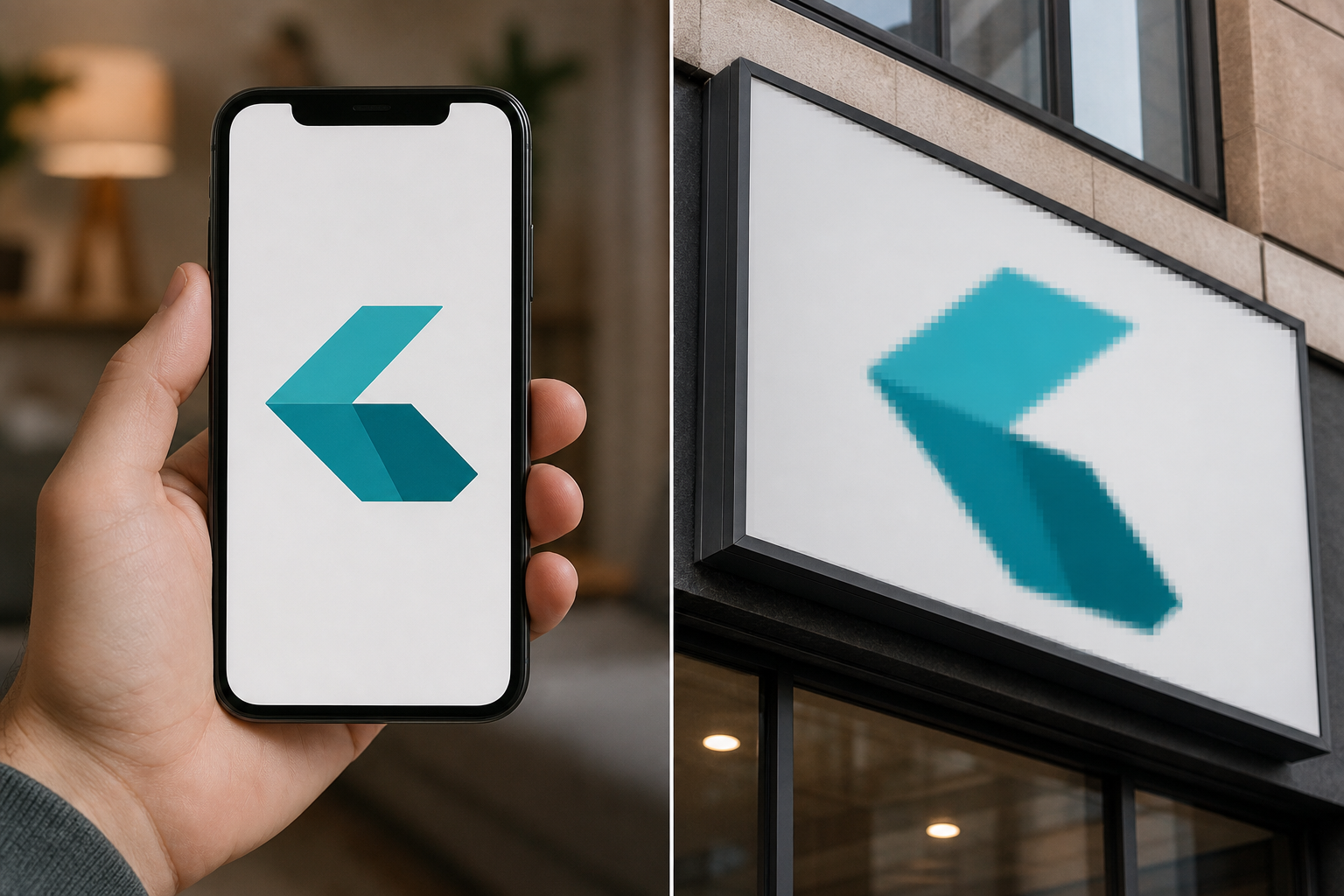 The same graphic looking sharp on a phone and pixelated when enlarged on a sign